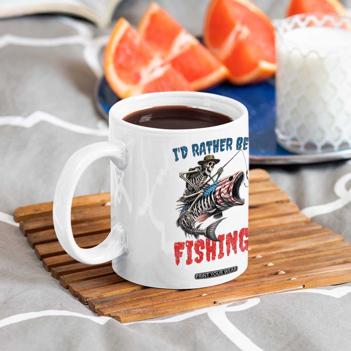 Funny Skeleton Fish Coffee Mug Id Rather Be Fishing Bass Fisherman Halloween TS14 Print Your Wear