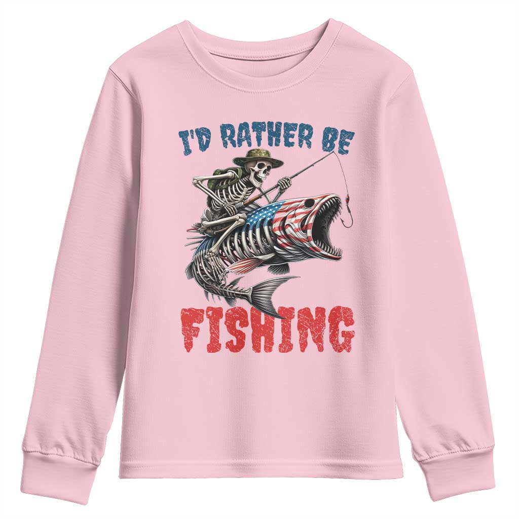 Funny Skeleton Fish Youth Sweatshirt Id Rather Be Fishing Bass Fisherman Halloween TS14 Light Pink Print Your Wear