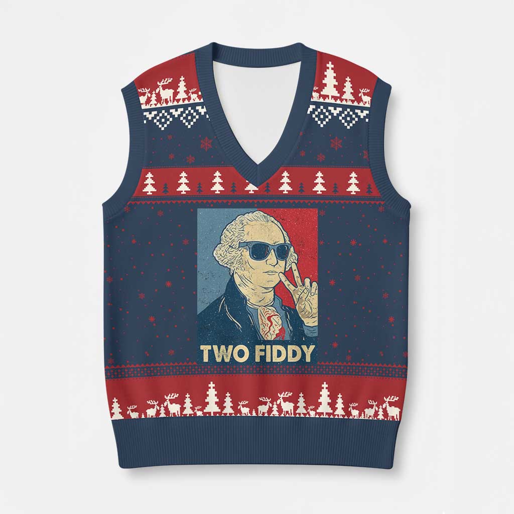 Two Fiddy George Washington 250th Anniversary V-Neck Knit Sweater Vest Funny 4th of July TS14 Navy Red Print Your Wear