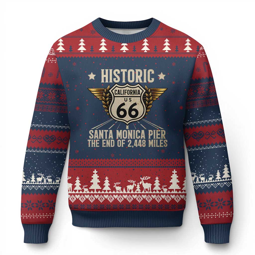 Route Highway 66 Historic California Santa Monica Pier Ugly Christmas Sweater TS14 Navy Red Print Your Wear
