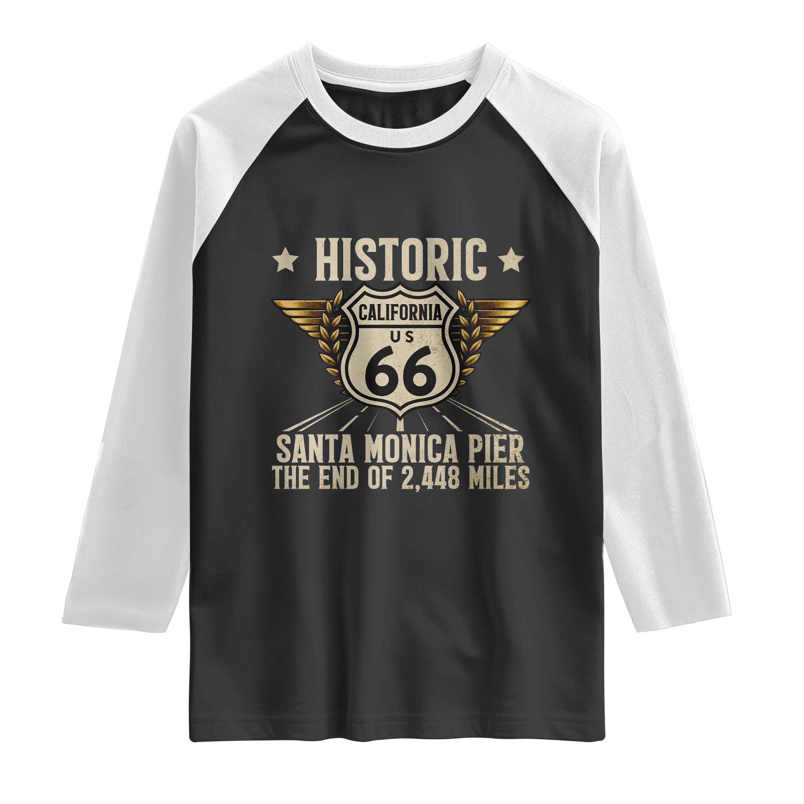 Route Highway 66 Historic California Santa Monica Pier Raglan Shirt TS14 Black White Print Your Wear