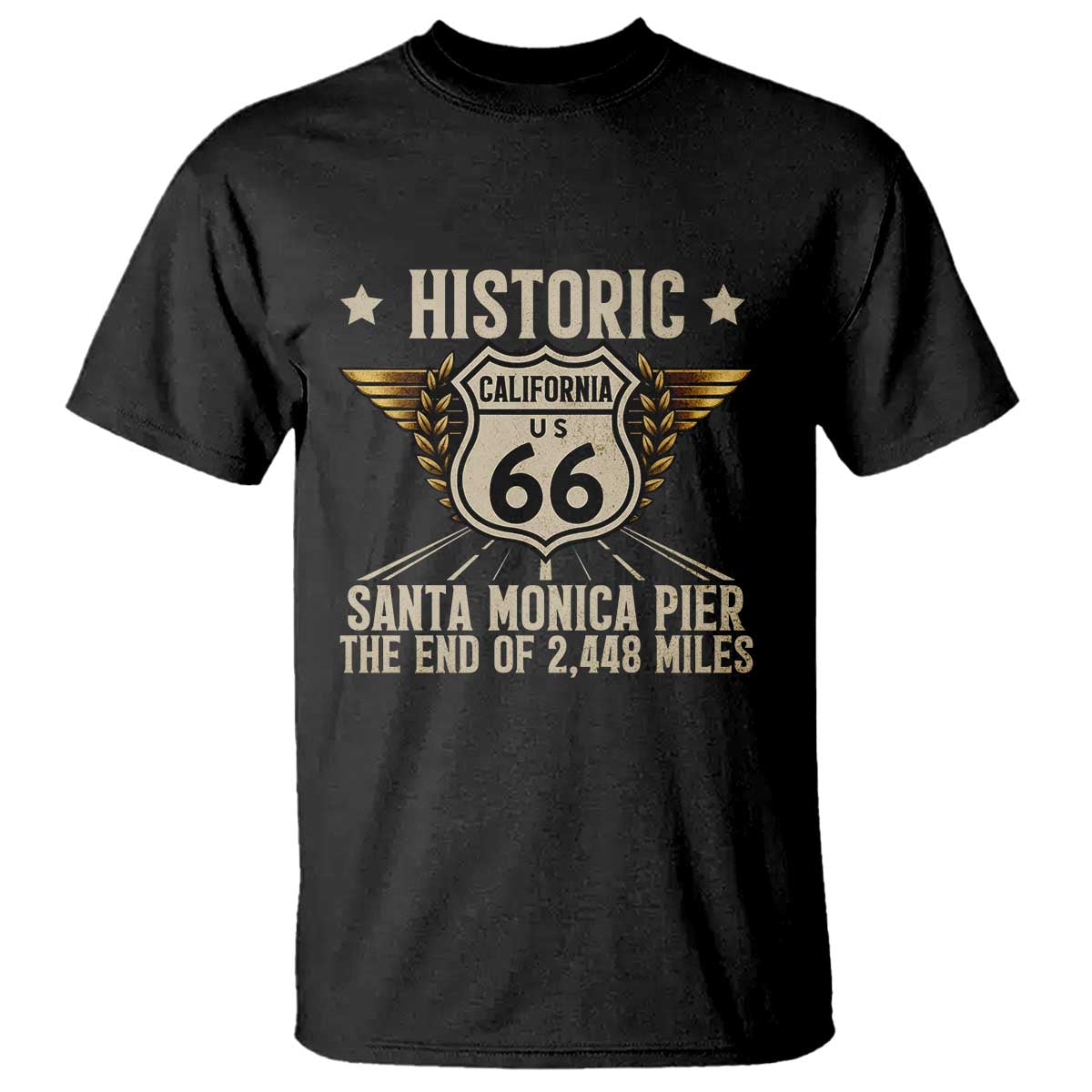 Route Highway 66 Historic California Santa Monica Pier T Shirt TS14 Black Print Your Wear