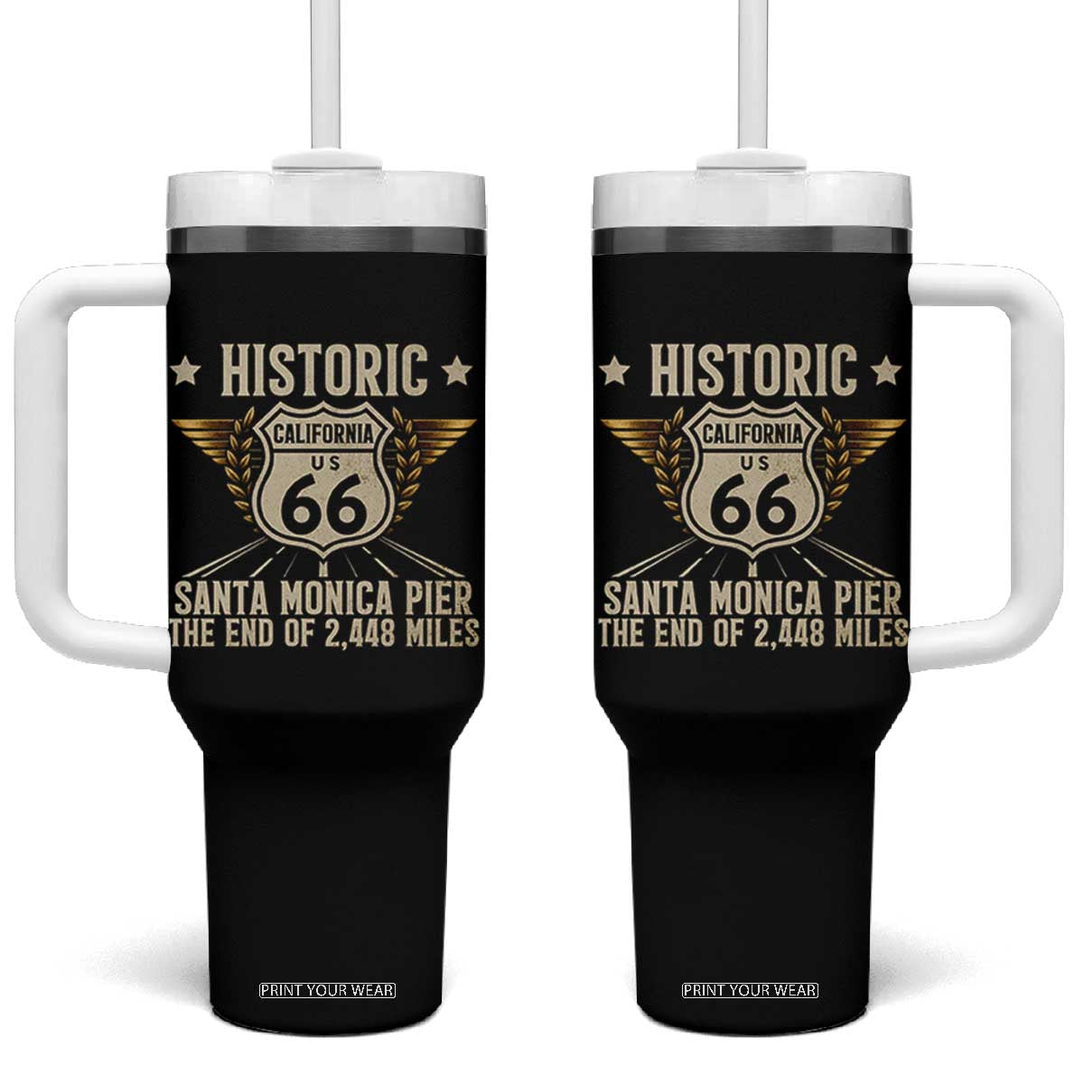 Route Highway 66 Historic California Santa Monica Pier Tumbler With Handle TS14 One Size: 40 oz Black Print Your Wear