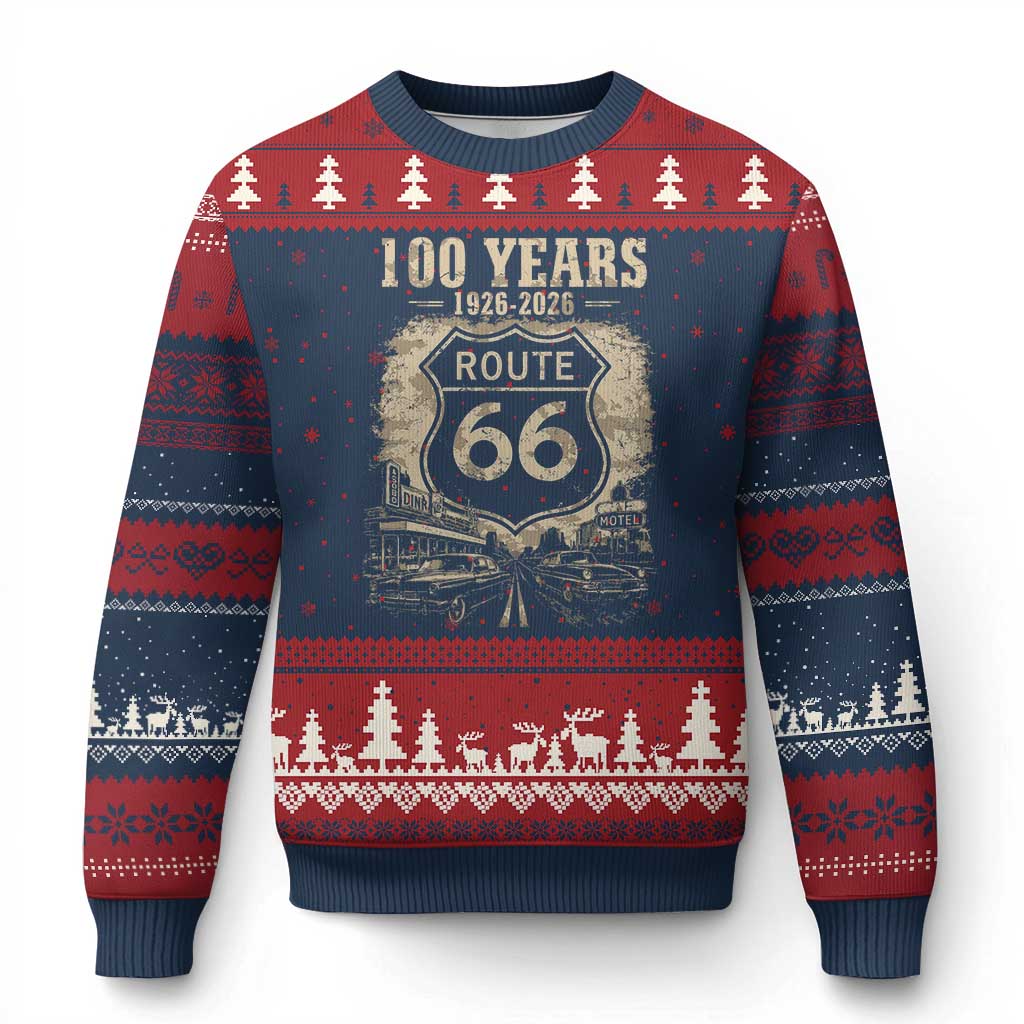 Route Highway 66 100 Year Centennial Anniversary Souvenir Ugly Christmas Sweater TS14 Navy Red Print Your Wear