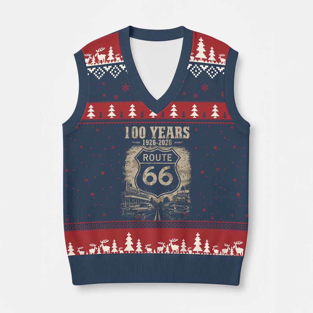 Route Highway 66 100 Year Centennial Anniversary Souvenir V-Neck Knit Sweater Vest TS14 Navy Red Print Your Wear
