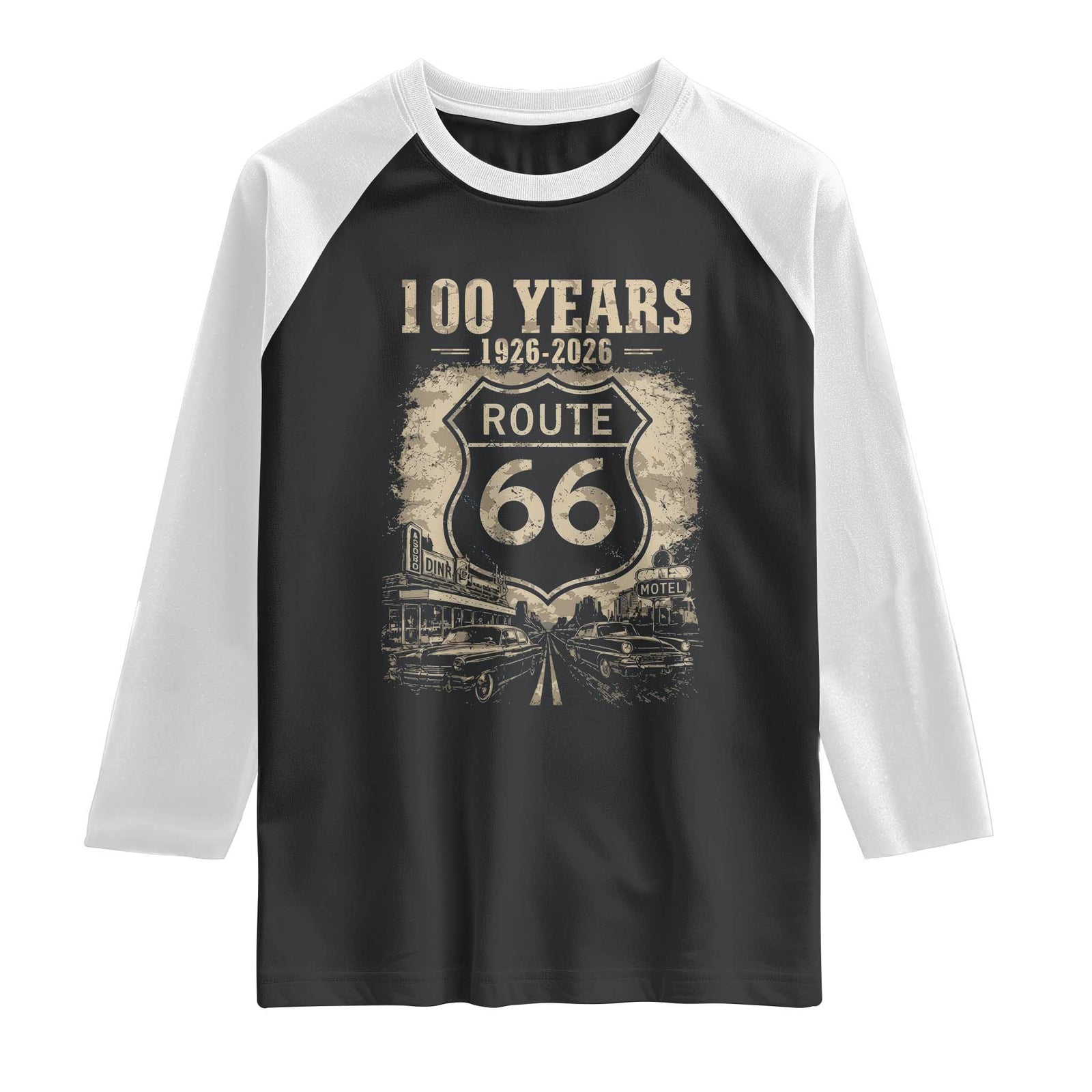 Route Highway 66 100 Year Centennial Anniversary Souvenir Raglan Shirt TS14 Black White Print Your Wear