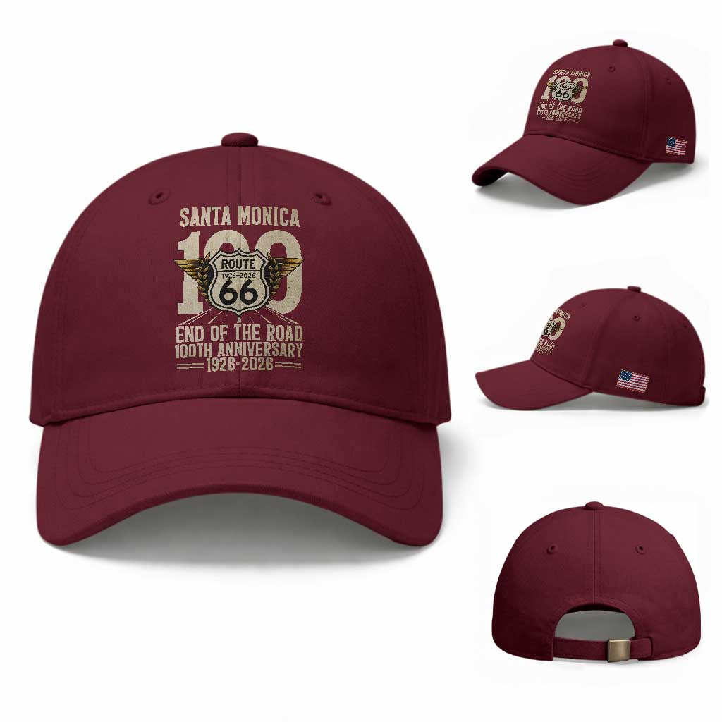 Route Highway 66 100 Year Centennial Anniversary Souvenir Baseball Cap Santa Monica End of the Road TS14 Baseball Cap Universal Fit Maroon Print Your Wear