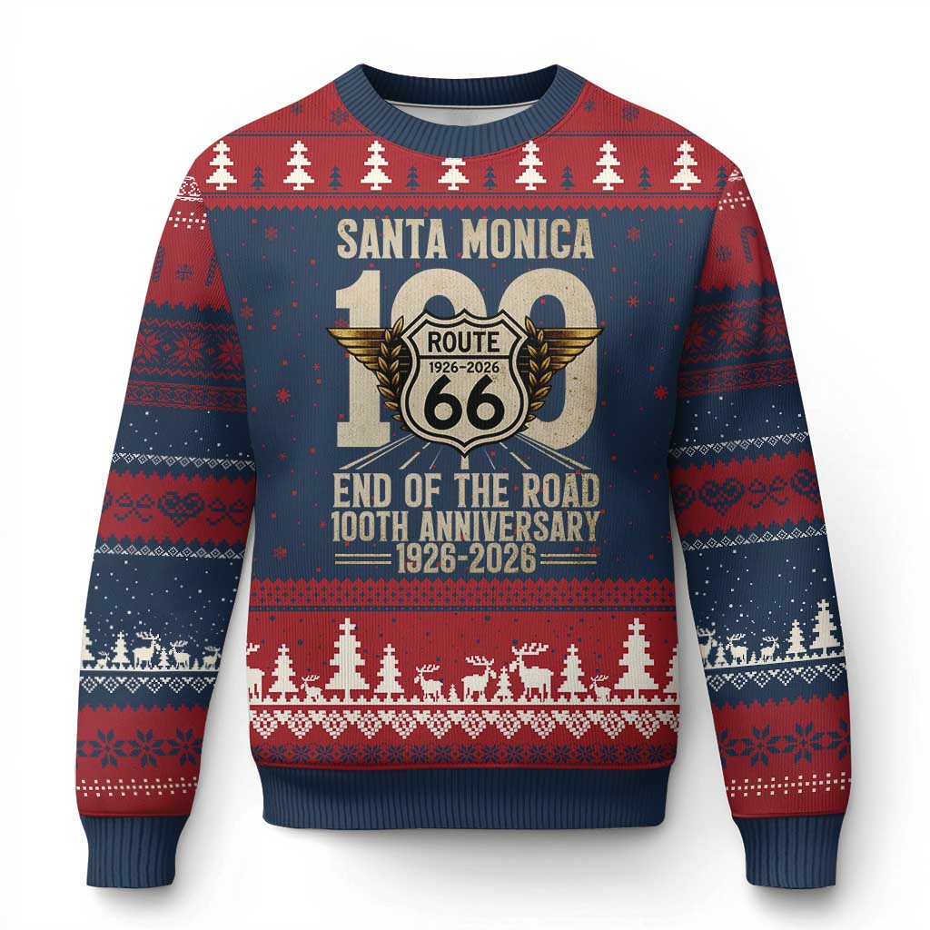 Route Highway 66 100 Year Centennial Anniversary Souvenir Ugly Christmas Sweater Santa Monica End of the Road TS14 Navy Red Print Your Wear