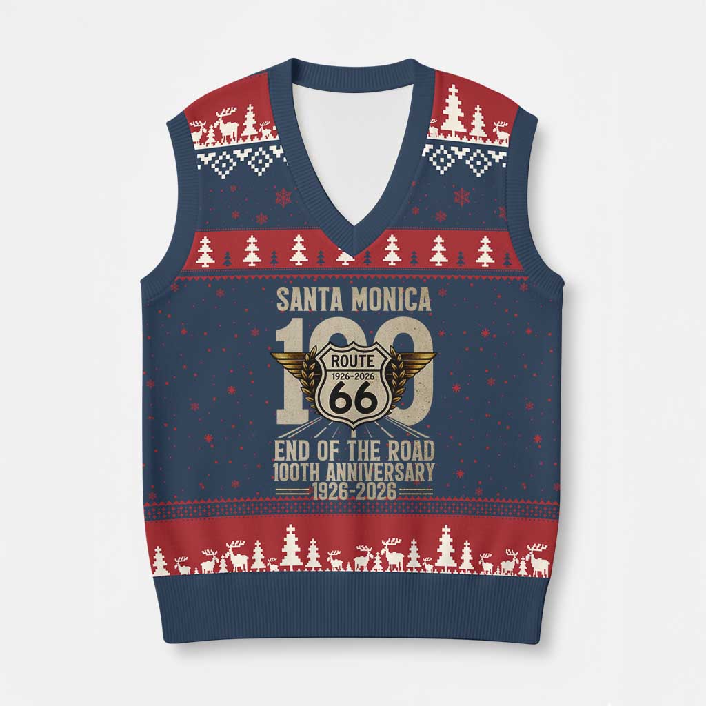 Route Highway 66 100 Year Centennial Anniversary Souvenir V-Neck Knit Sweater Vest Santa Monica End of the Road TS14 Navy Red Print Your Wear