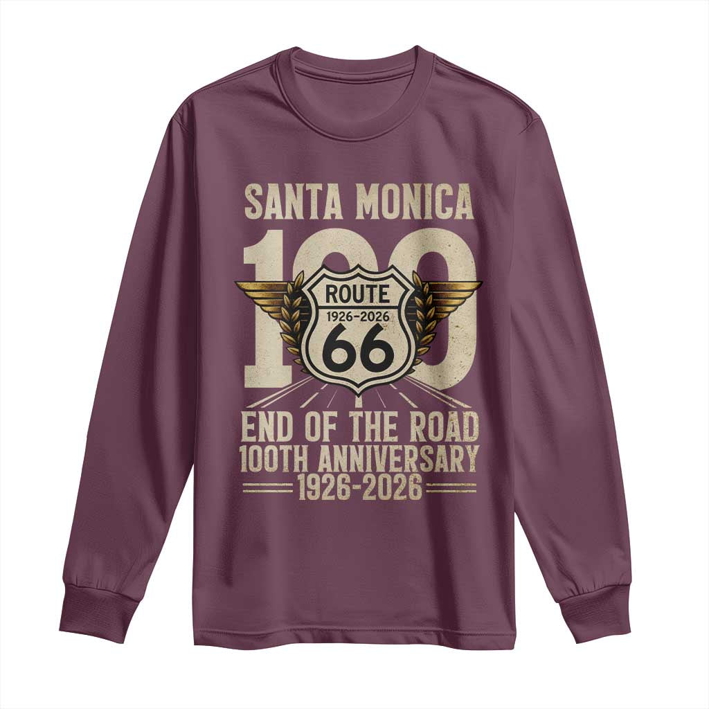 Route Highway 66 100 Year Centennial Anniversary Souvenir Long Sleeve Shirt Santa Monica End of the Road TS14 Maroon Print Your Wear