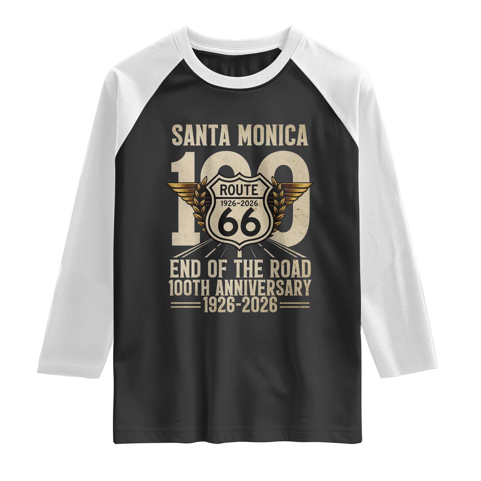 Route Highway 66 100 Year Centennial Anniversary Souvenir Raglan Shirt Santa Monica End of the Road TS14 Black White Print Your Wear