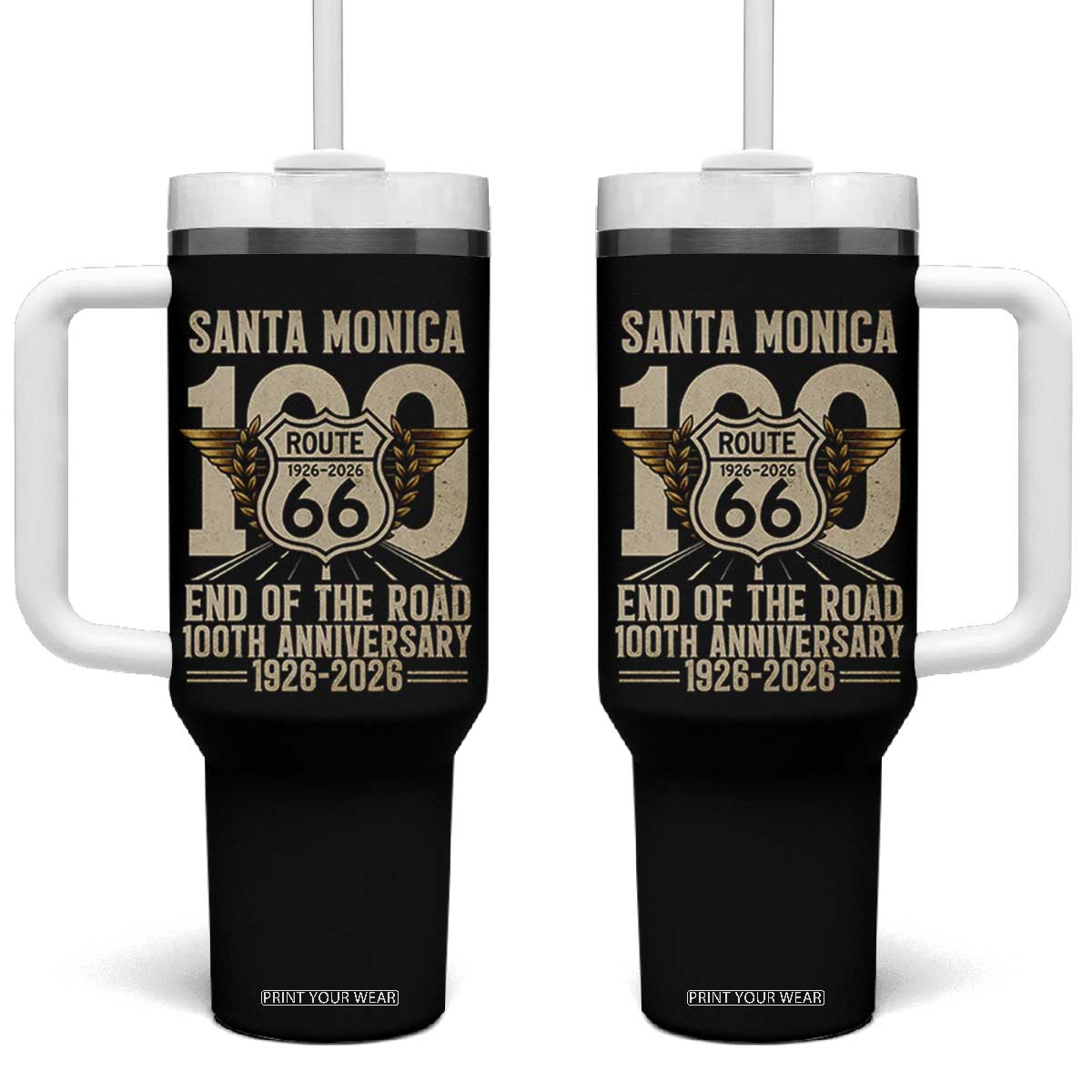Route Highway 66 100 Year Centennial Anniversary Souvenir Tumbler With Handle Santa Monica End of the Road TS14 One Size: 40 oz Black Print Your Wear