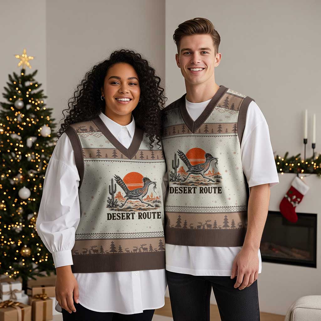Arizona Roadrunner Bird Desert Landscape Cactus V-Neck Knit Sweater Vest TS14 Mocha Mousse Print Your Wear