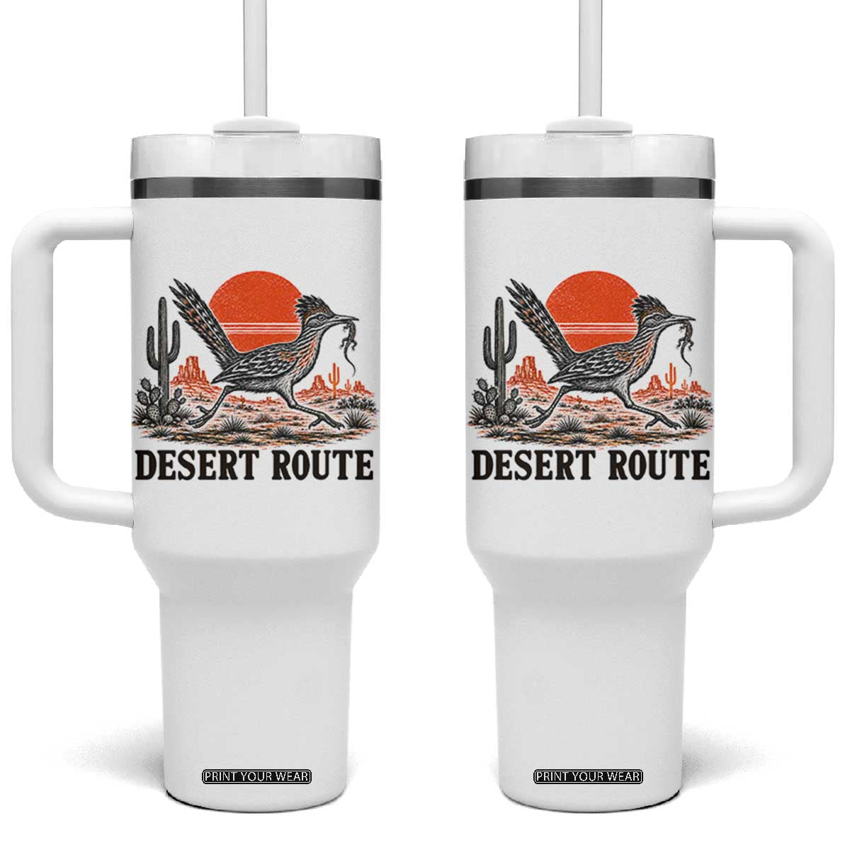 Arizona Roadrunner Bird Desert Landscape Cactus Tumbler With Handle TS14 One Size: 40 oz White Print Your Wear