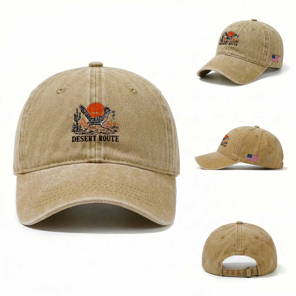 Arizona Roadrunner Bird Desert Landscape Cactus Washed Cotton Baseball Cap TS14 Washed Cap Universal Fit Khaki Print Your Wear