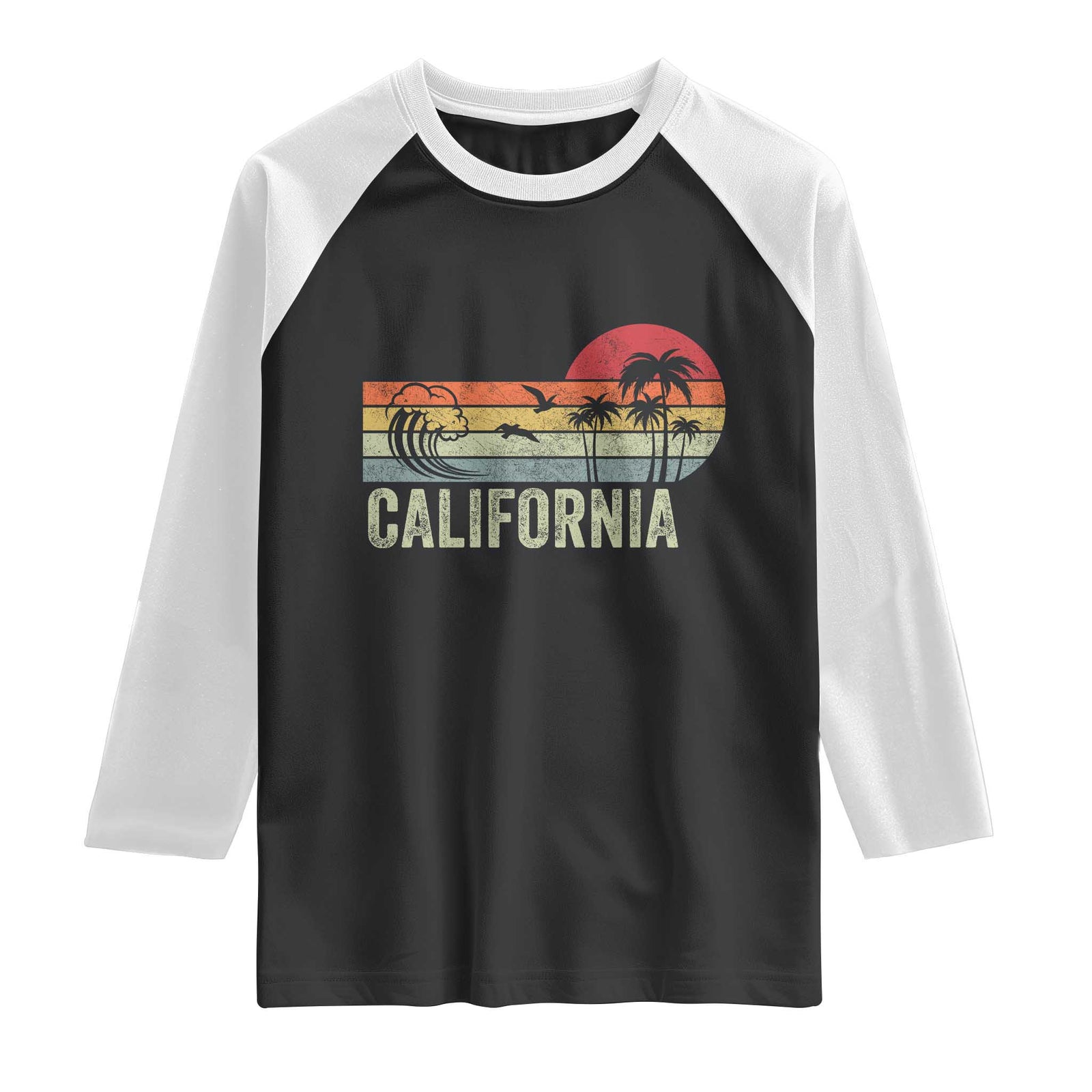 Retro California Beach Shirt, Vintage Cali Sunset Tee Raglan Shirt TS14 Black White Print Your Wear