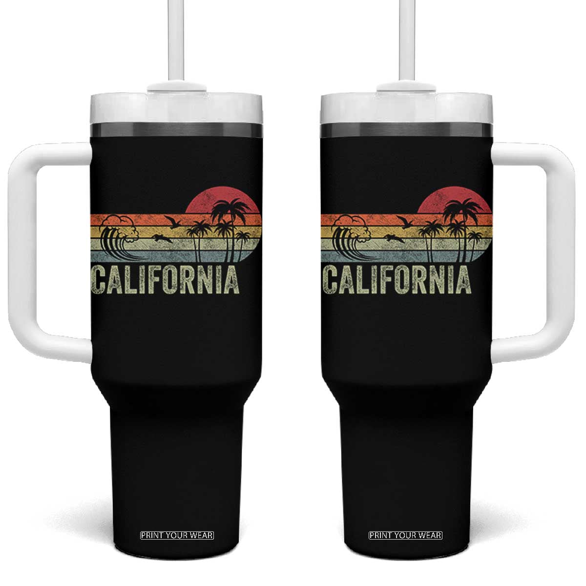Retro California Beach Shirt, Vintage Cali Sunset Tee Tumbler With Handle TS14 One Size: 40 oz Black Print Your Wear