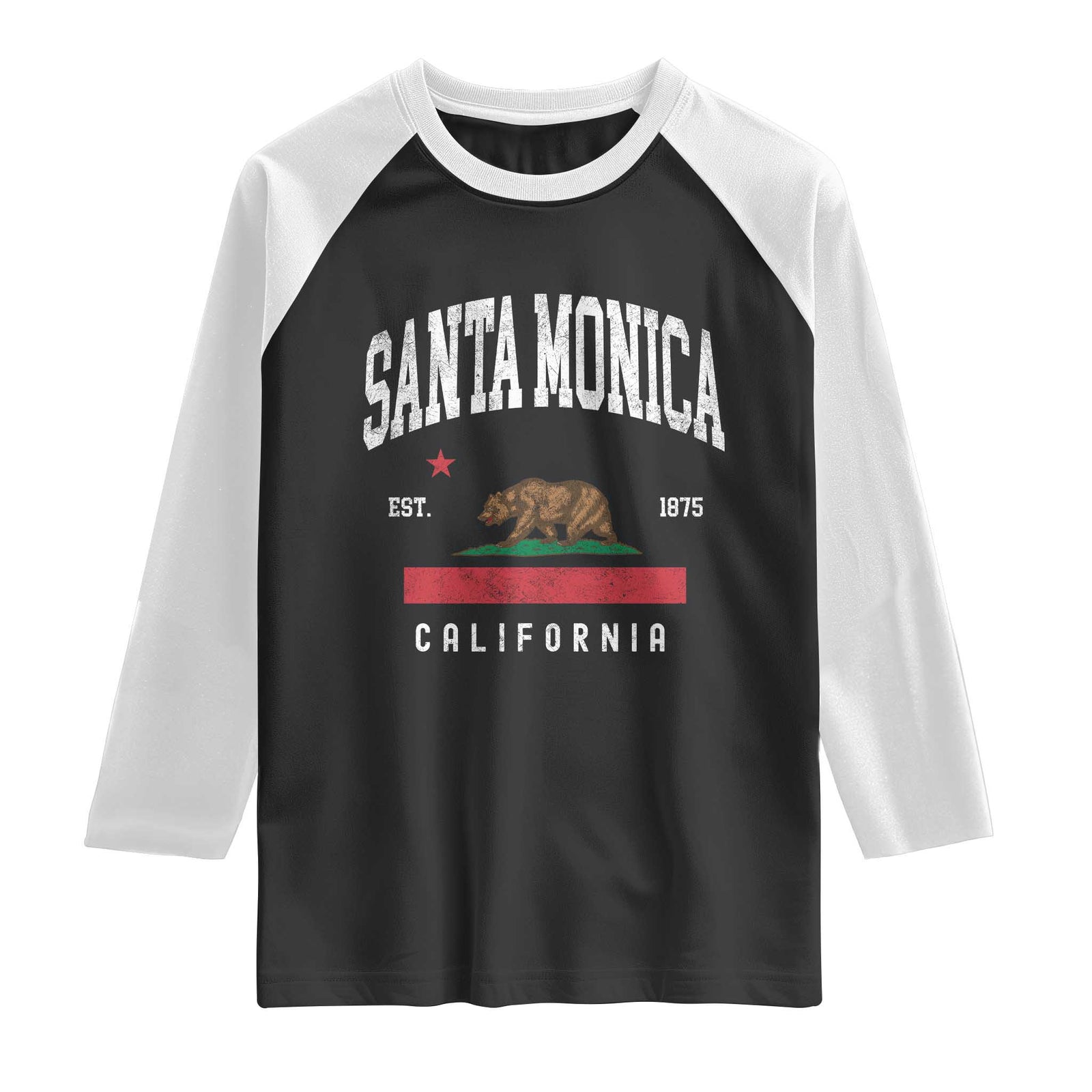 Santa Monica California Flag CA Vintage Established Sports Raglan Shirt TS14 Black White Print Your Wear