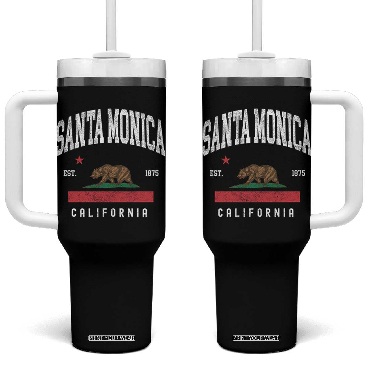Santa Monica California Flag CA Vintage Established Sports Tumbler With Handle TS14 One Size: 40 oz Black Print Your Wear