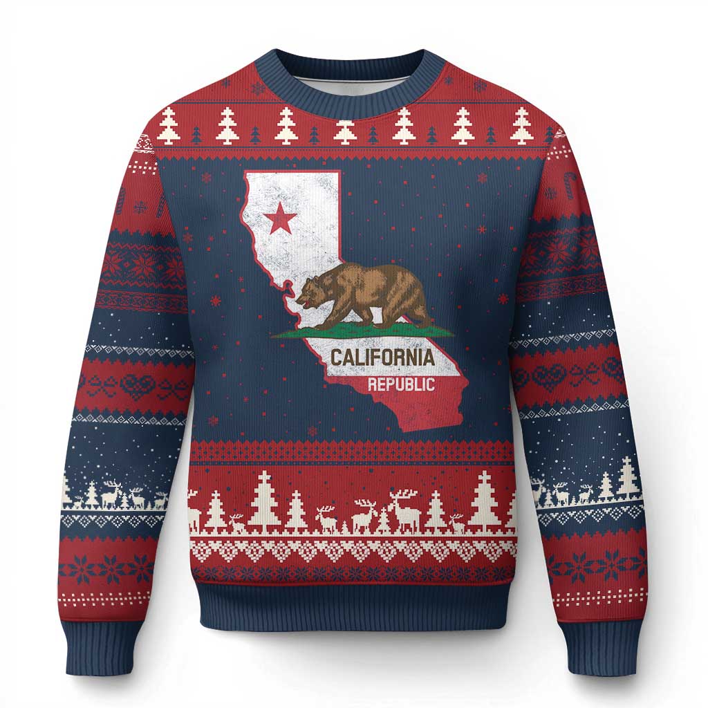 California Republic Cali Map Flag Distressed Style Ugly Christmas Sweater TS14 Navy Red Print Your Wear