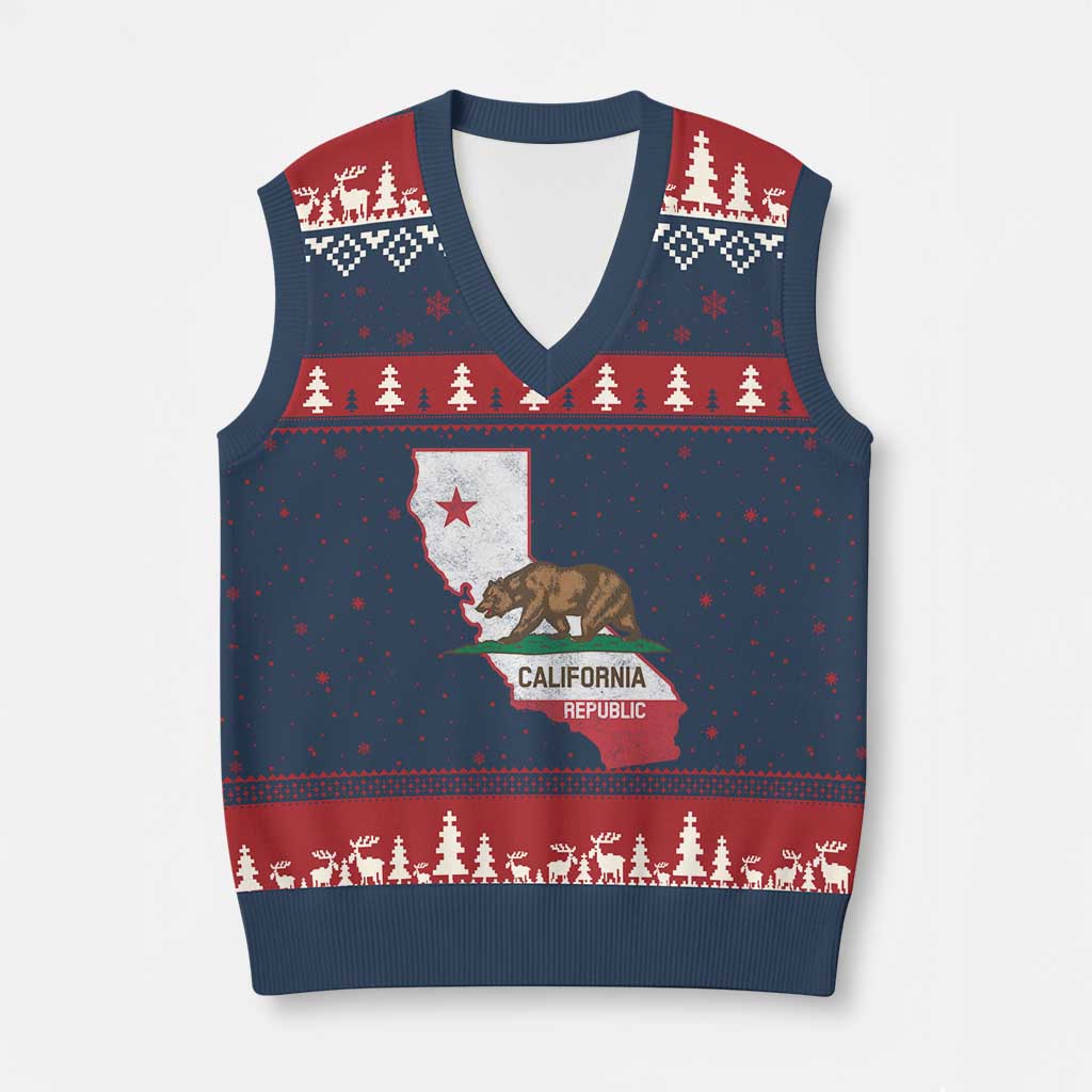 California Republic Cali Map Flag Distressed Style V-Neck Knit Sweater Vest TS14 Navy Red Print Your Wear