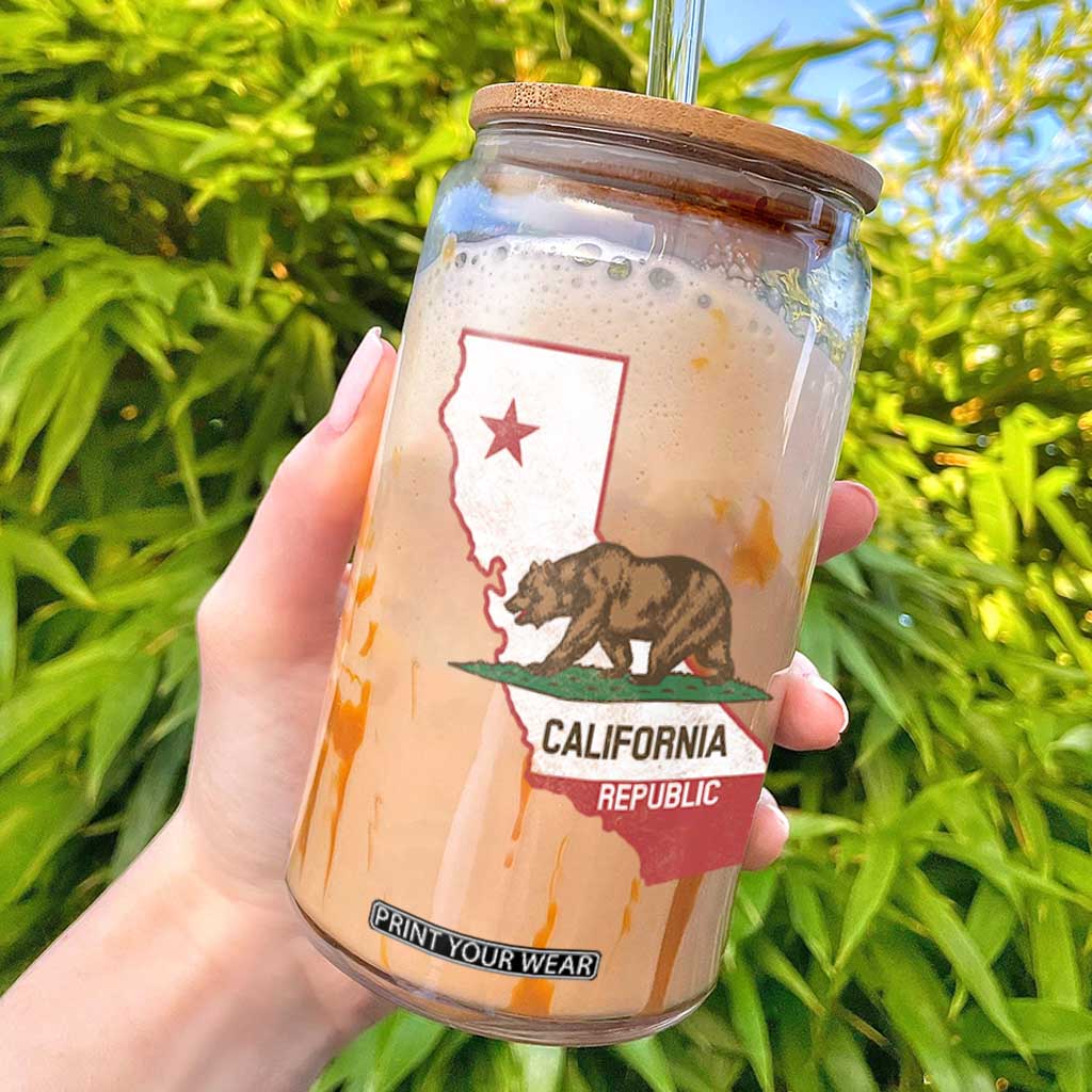 California Republic Cali Map Flag Distressed Style Glass Can TS14 Black Print Your Wear