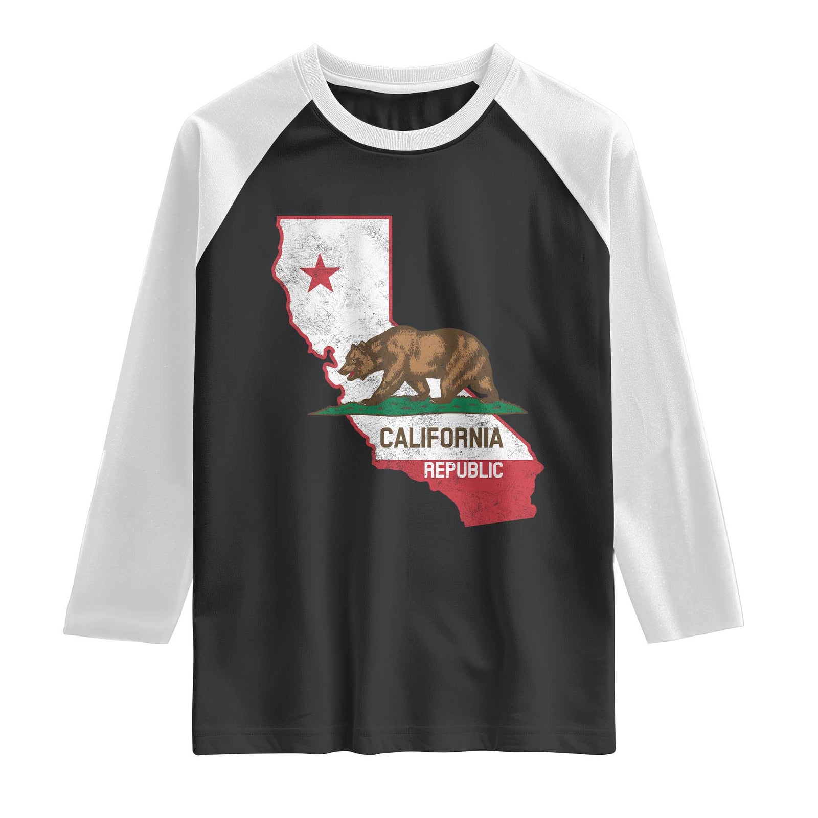 California Republic Cali Map Flag Distressed Style Raglan Shirt TS14 Black White Print Your Wear