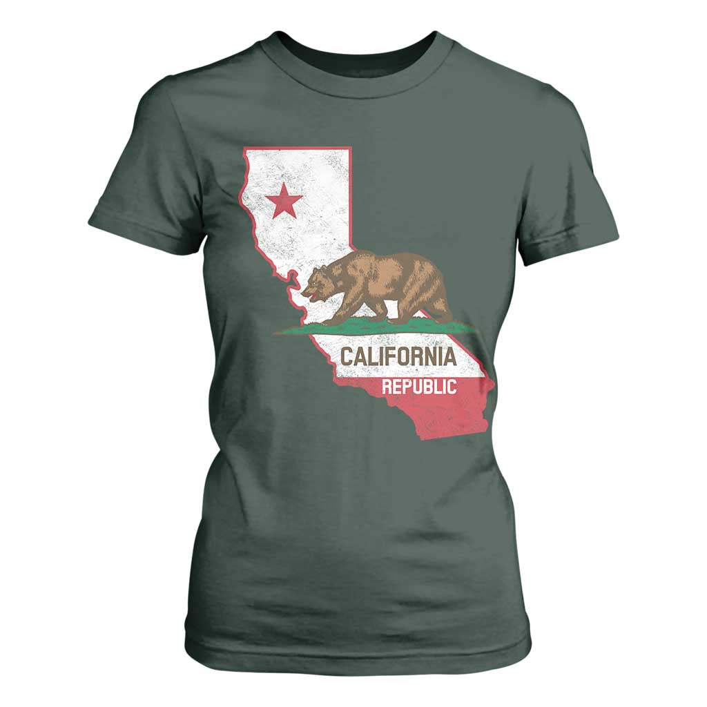 California Republic Cali Map Flag Distressed Style T Shirt For Women TS14 Dark Forest Green Print Your Wear
