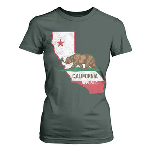 California Republic Cali Map Flag Distressed Style T Shirt For Women TS14 Dark Forest Green Print Your Wear