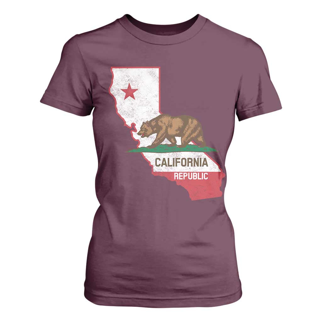 California Republic Cali Map Flag Distressed Style T Shirt For Women TS14 Maroon Print Your Wear