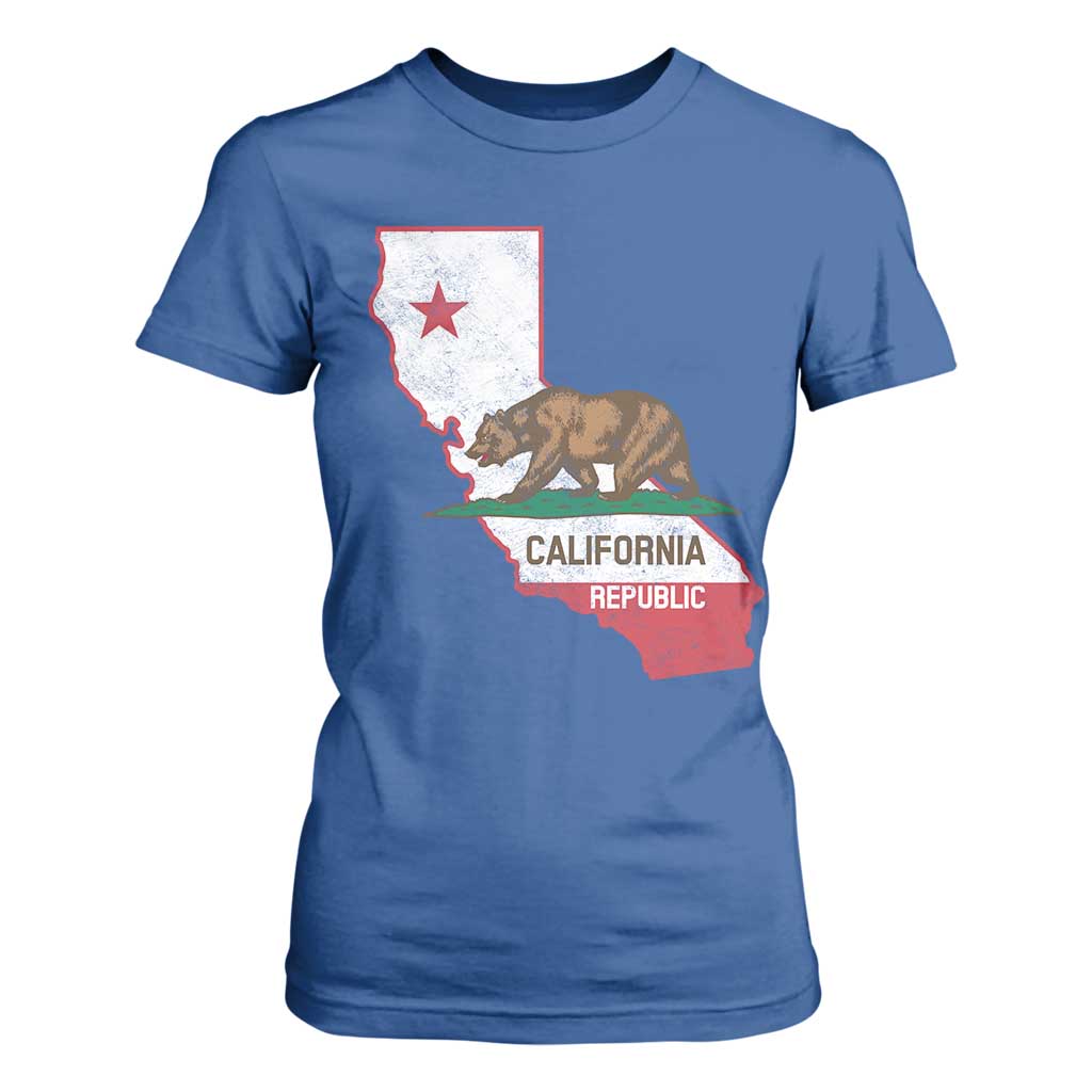 California Republic Cali Map Flag Distressed Style T Shirt For Women TS14 Royal Blue Print Your Wear