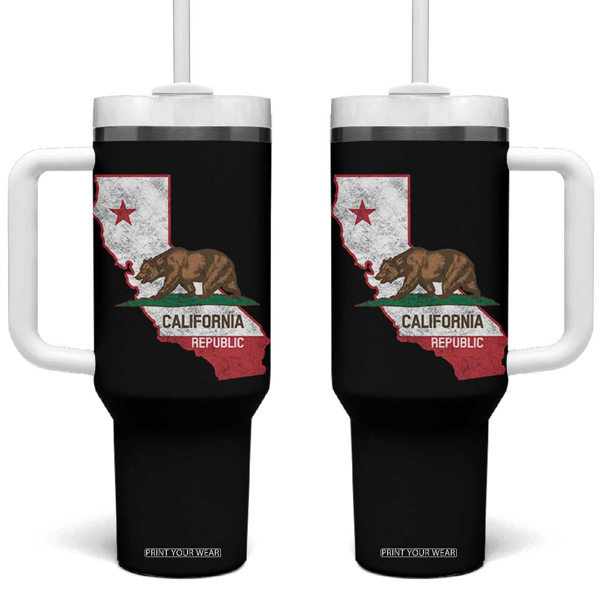 California Republic Cali Map Flag Distressed Style Tumbler With Handle TS14 One Size: 40 oz Black Print Your Wear