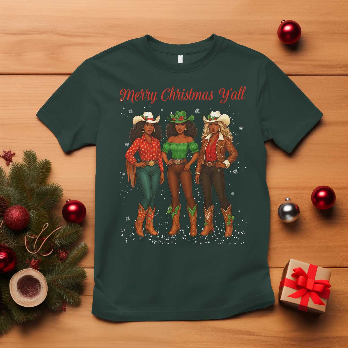 Black African American Cowgirl Christmas T Shirt Retro Western Howdy TS14 Dark Forest Green Print Your Wear