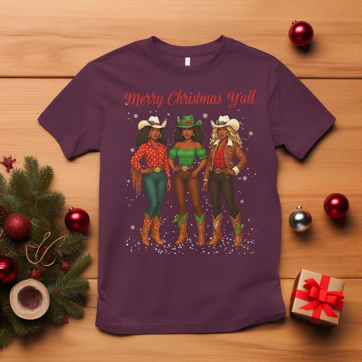 Black African American Cowgirl Christmas T Shirt Retro Western Howdy TS14 Maroon Print Your Wear