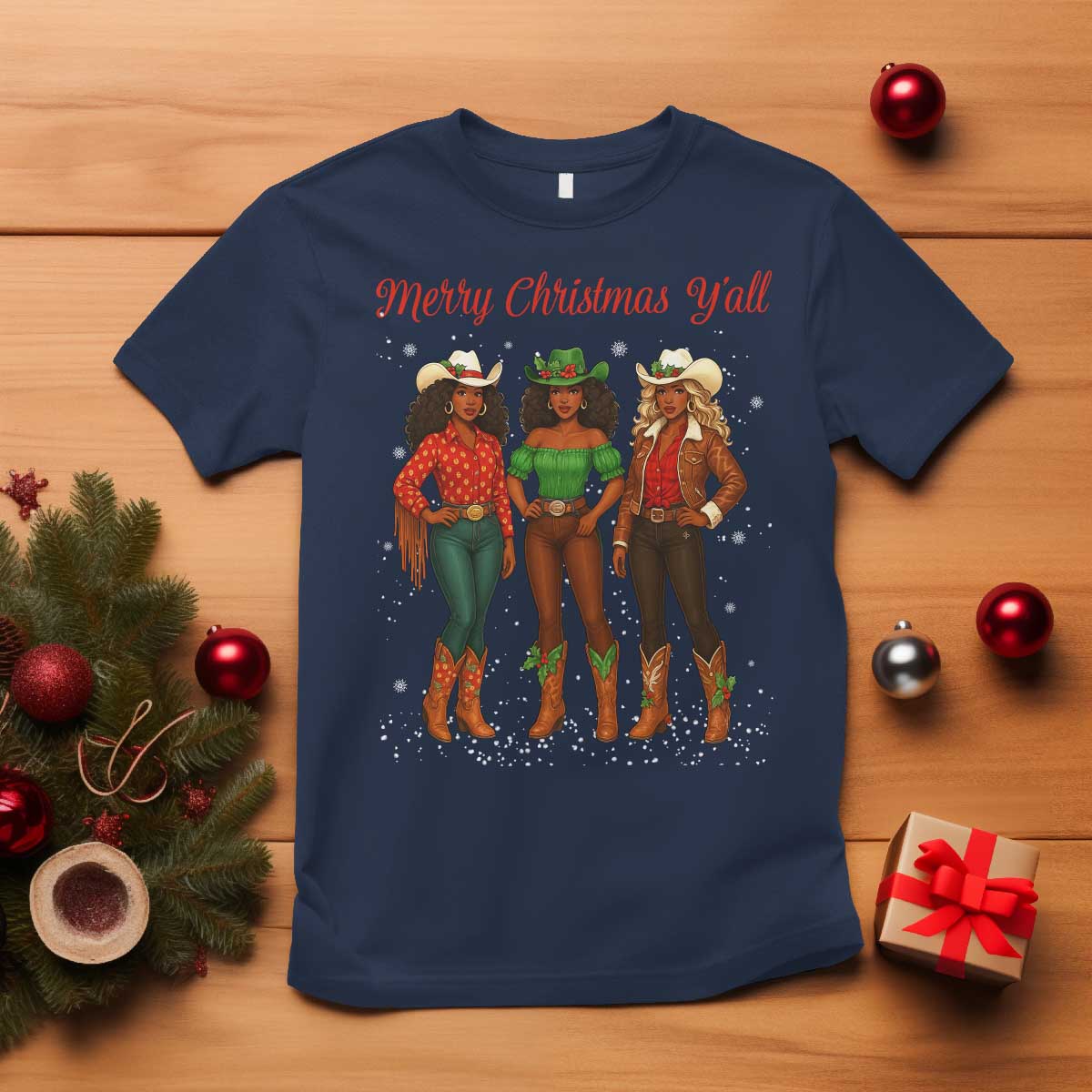 Black African American Cowgirl Christmas T Shirt Retro Western Howdy TS14 Navy Print Your Wear