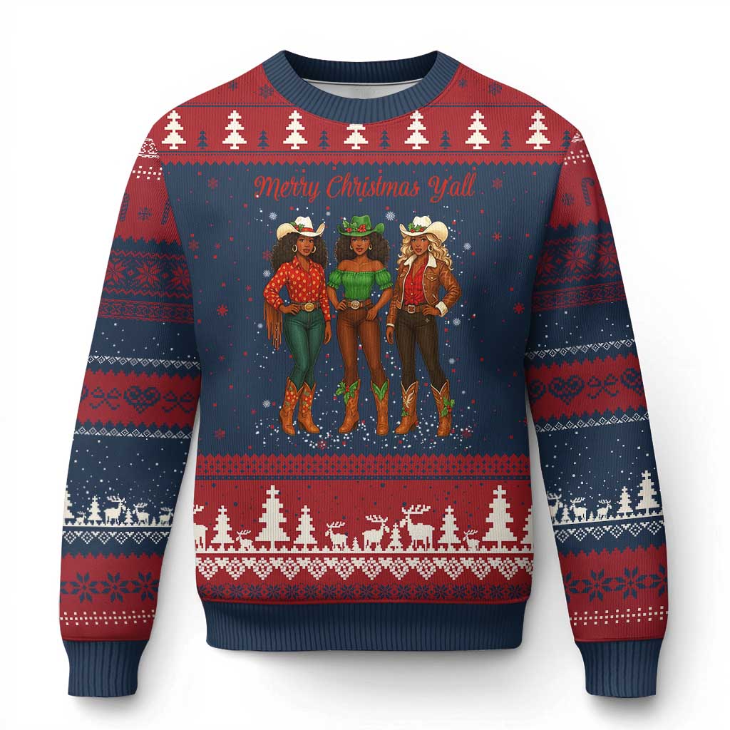 Black African American Cowgirl Xmas Ugly Christmas Sweater Retro Western Howdy TS14 Navy Red Print Your Wear