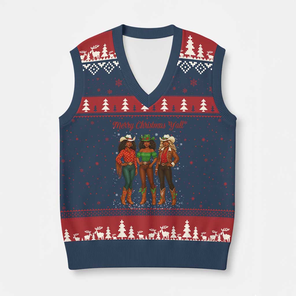 Black African American Cowgirl Xmas V-Neck Knit Sweater Vest Retro Western Howdy TS14 Navy Red Print Your Wear