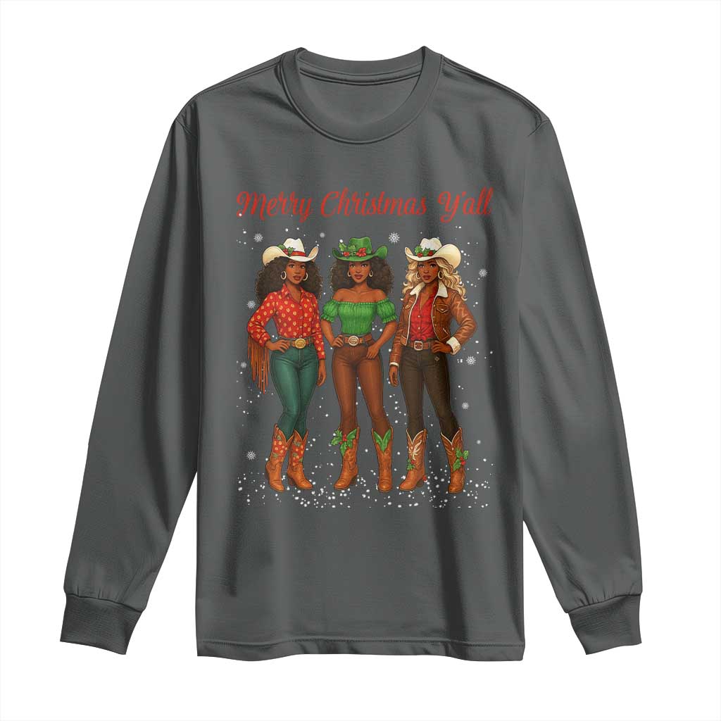 Black African American Cowgirl Christmas Long Sleeve Shirt Retro Western Howdy TS14 Dark Heather Print Your Wear