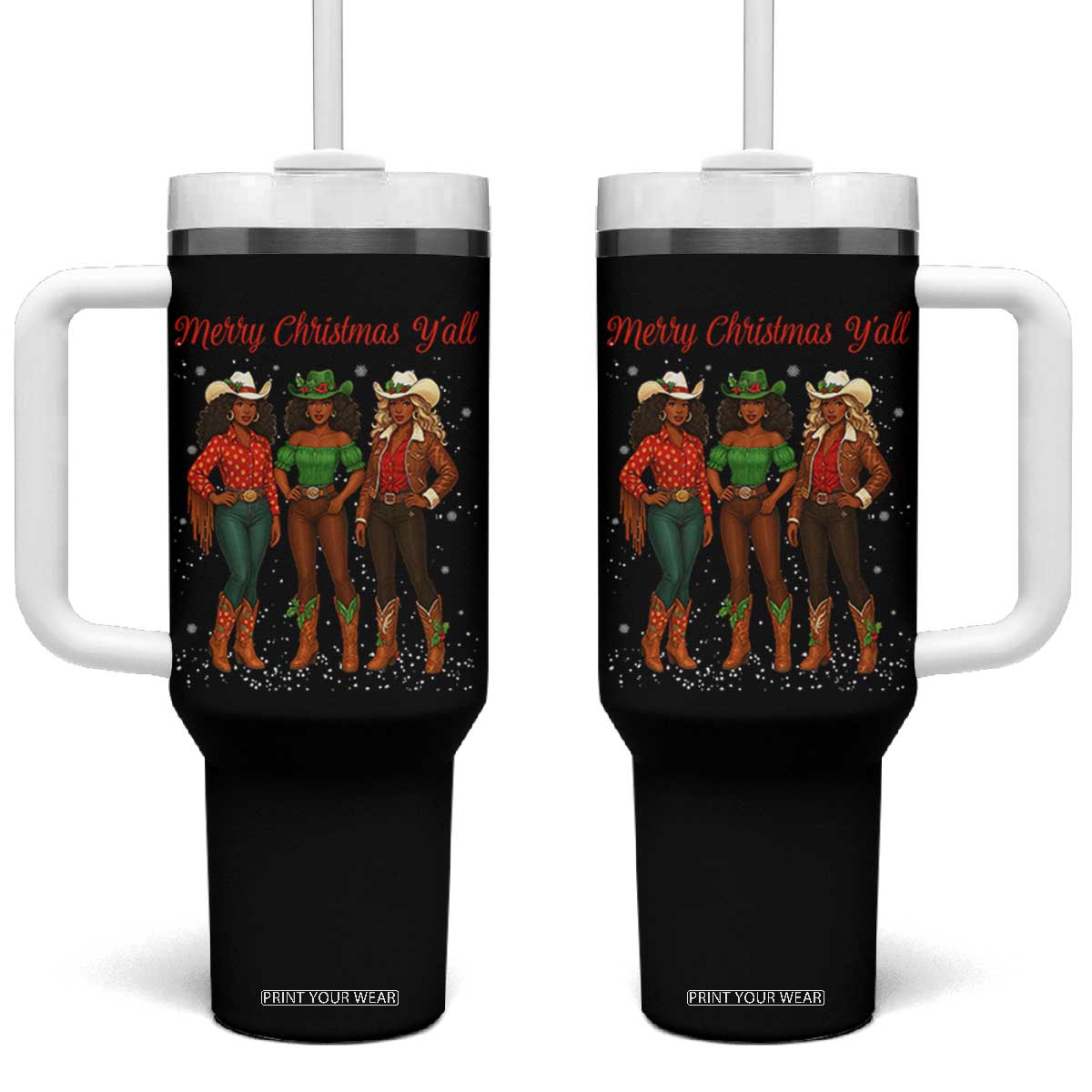 Black African American Cowgirl Christmas Tumbler With Handle Retro Western Howdy - Print Your Wear