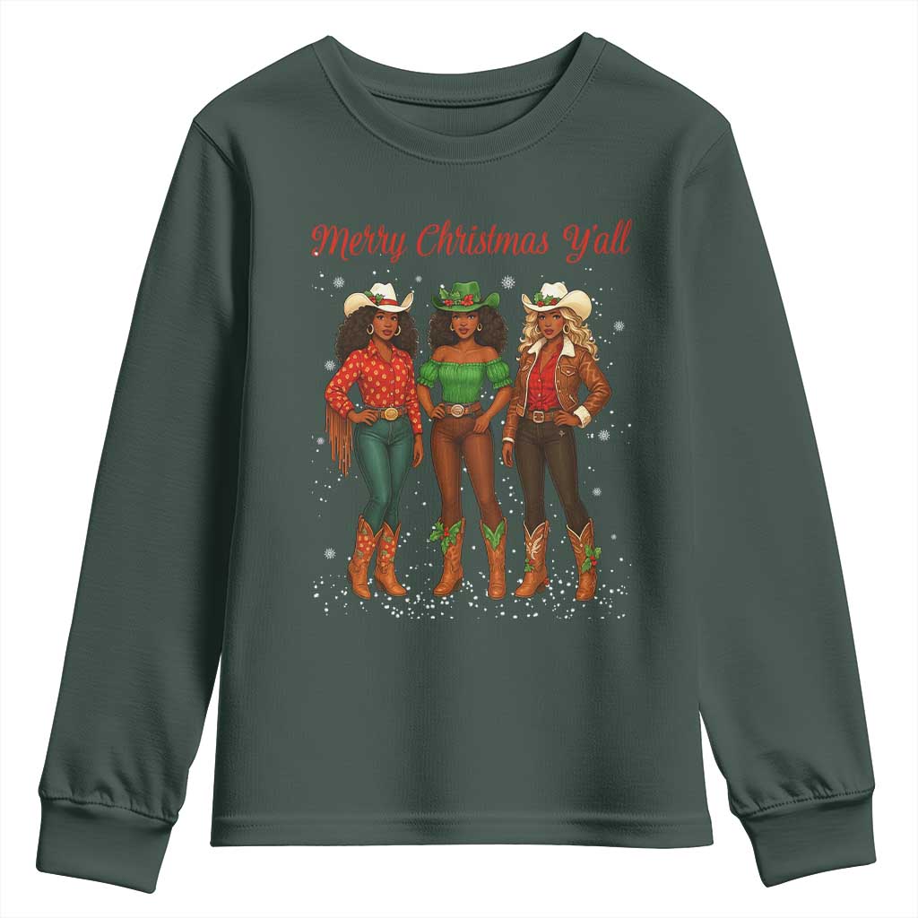 Black African American Cowgirl Christmas Youth Sweatshirt Retro Western Howdy TS14 Dark Forest Green Print Your Wear