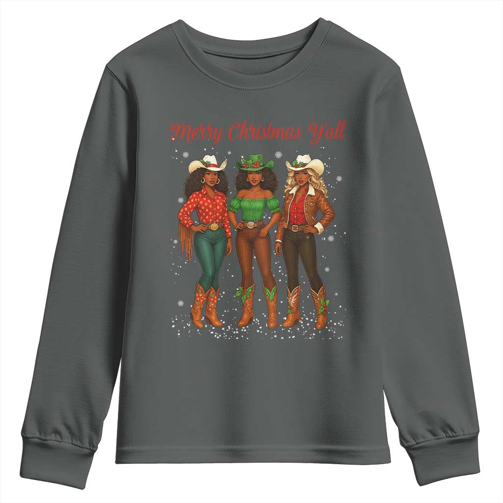 Black African American Cowgirl Christmas Youth Sweatshirt Retro Western Howdy TS14 Dark Heather Print Your Wear