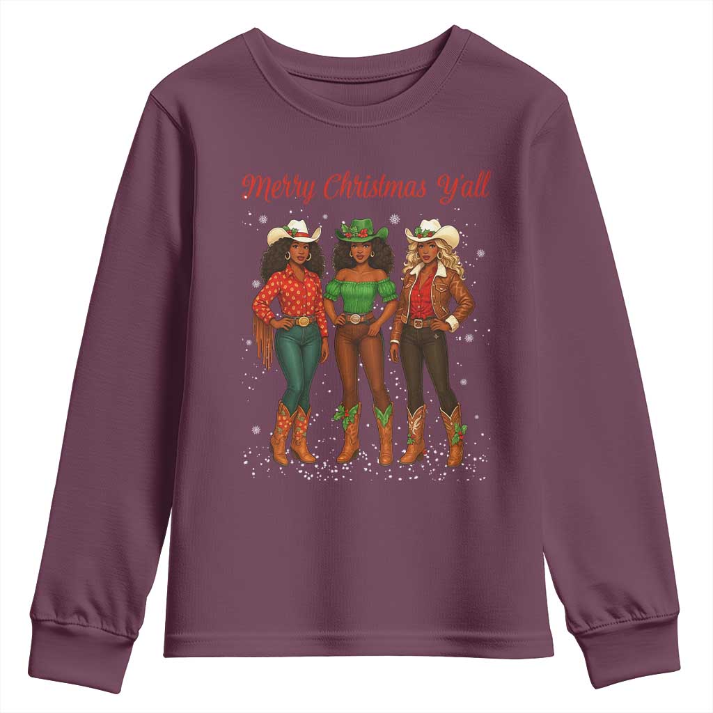 Black African American Cowgirl Christmas Youth Sweatshirt Retro Western Howdy TS14 Maroon Print Your Wear