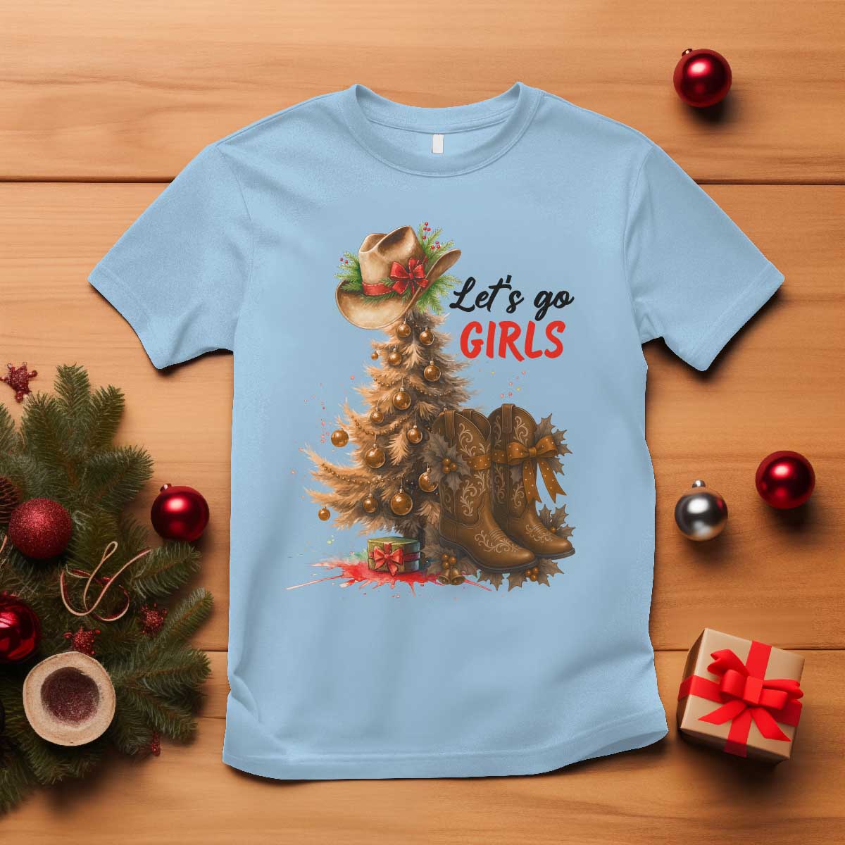 Christmas Cowgirl Boots T Shirt Western Cowboy Hat Howdy TS14 Light Blue Print Your Wear