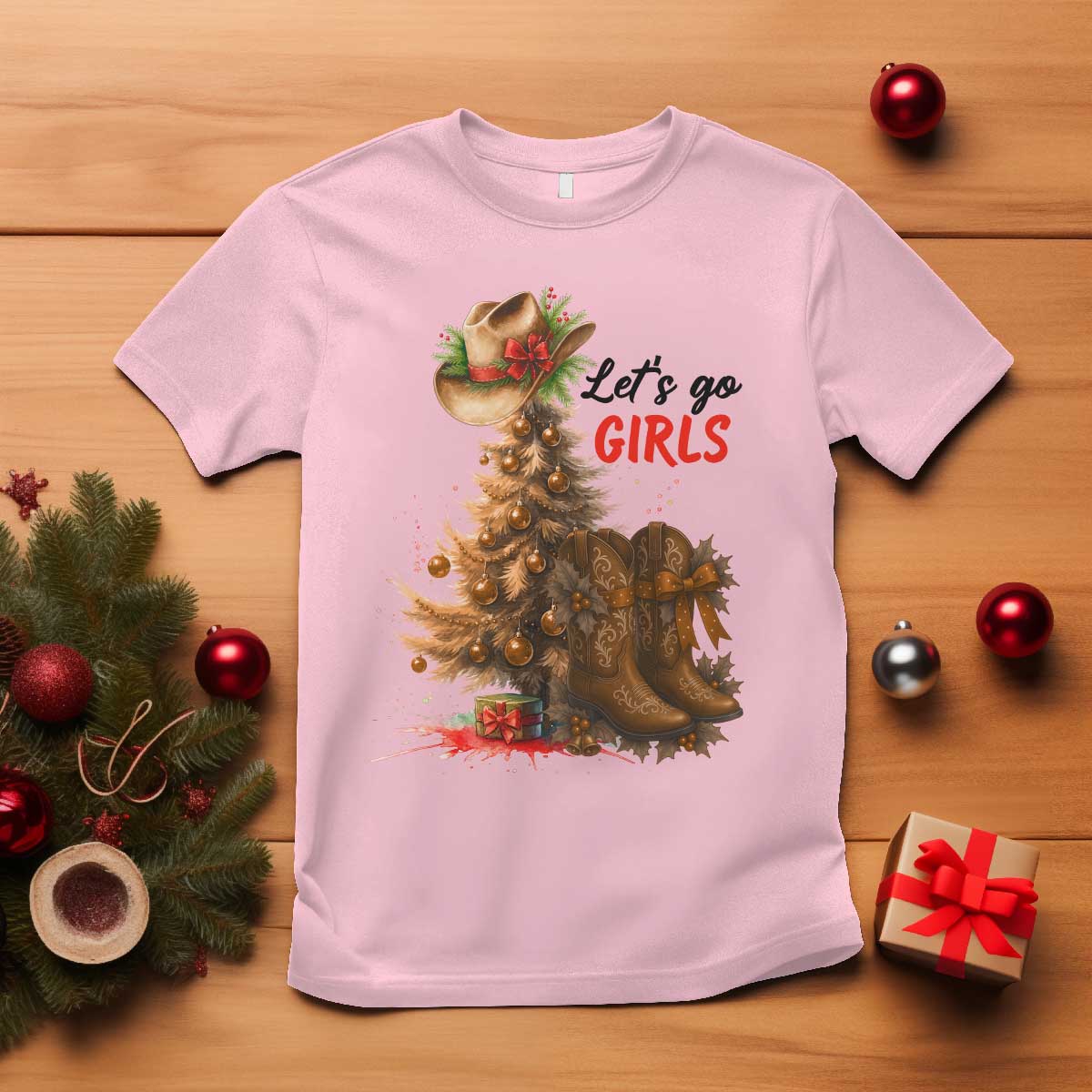 Christmas Cowgirl Boots T Shirt Western Cowboy Hat Howdy TS14 Light Pink Print Your Wear