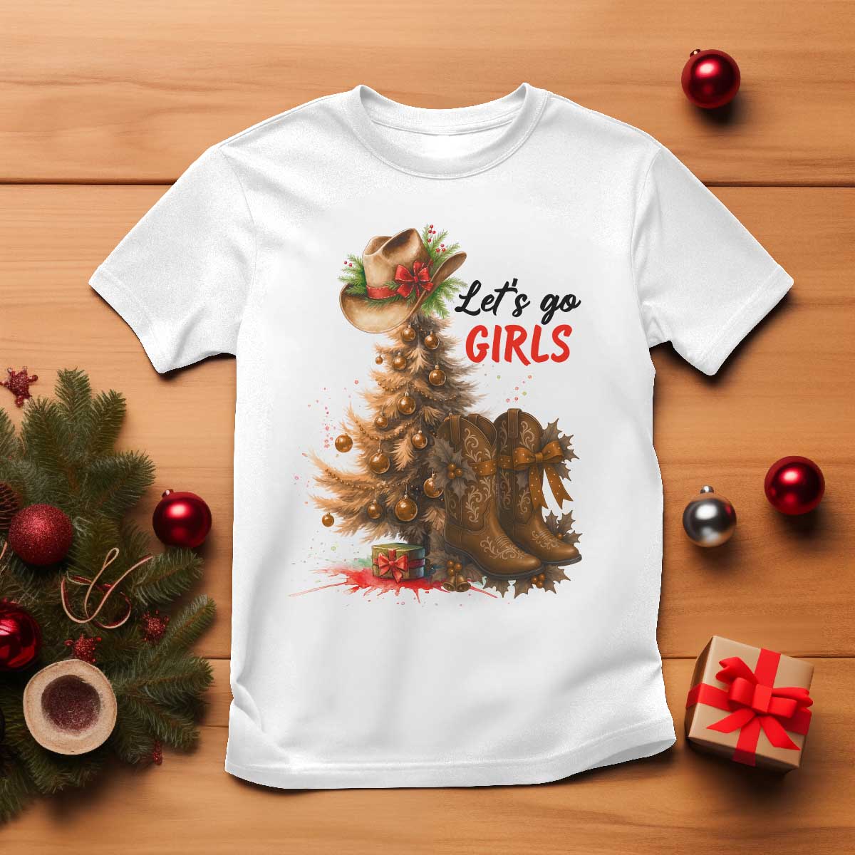 Christmas Cowgirl Boots T Shirt Western Cowboy Hat Howdy TS14 White Print Your Wear