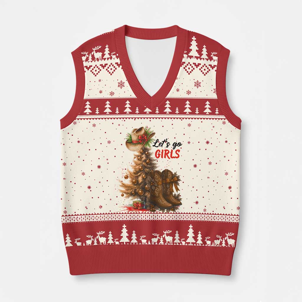 Xmas Cowgirl Boots V-Neck Knit Sweater Vest Western Cowboy Hat Howdy TS14 Beige Red Print Your Wear