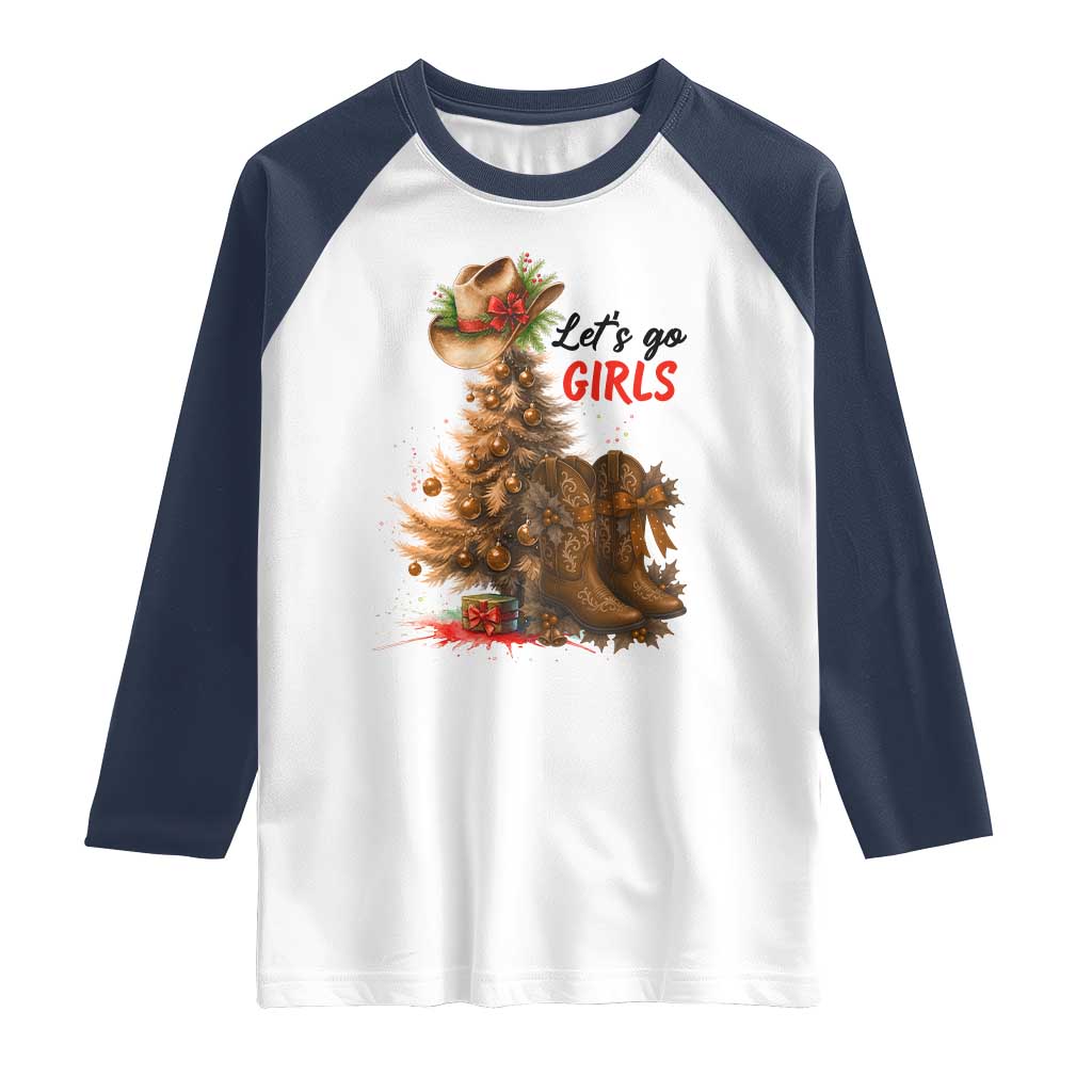 Christmas Cowgirl Boots Raglan Shirt Western Cowboy Hat Howdy TS14 White Navy Print Your Wear