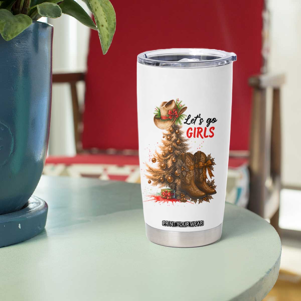 Christmas Cowgirl Boots Tumbler Cup Western Cowboy Hat Howdy - Print Your Wear