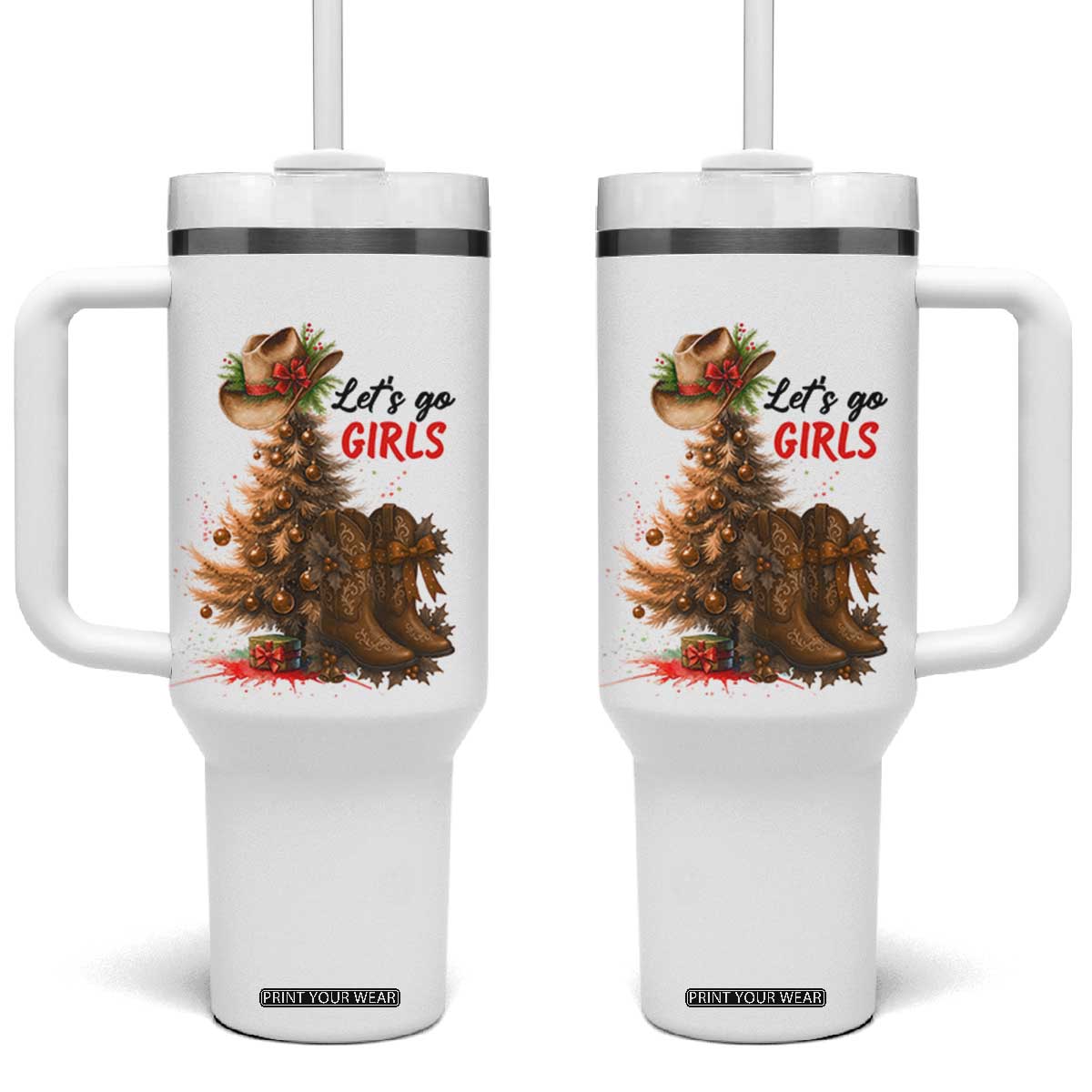 Christmas Cowgirl Boots Tumbler With Handle Western Cowboy Hat Howdy - Print Your Wear