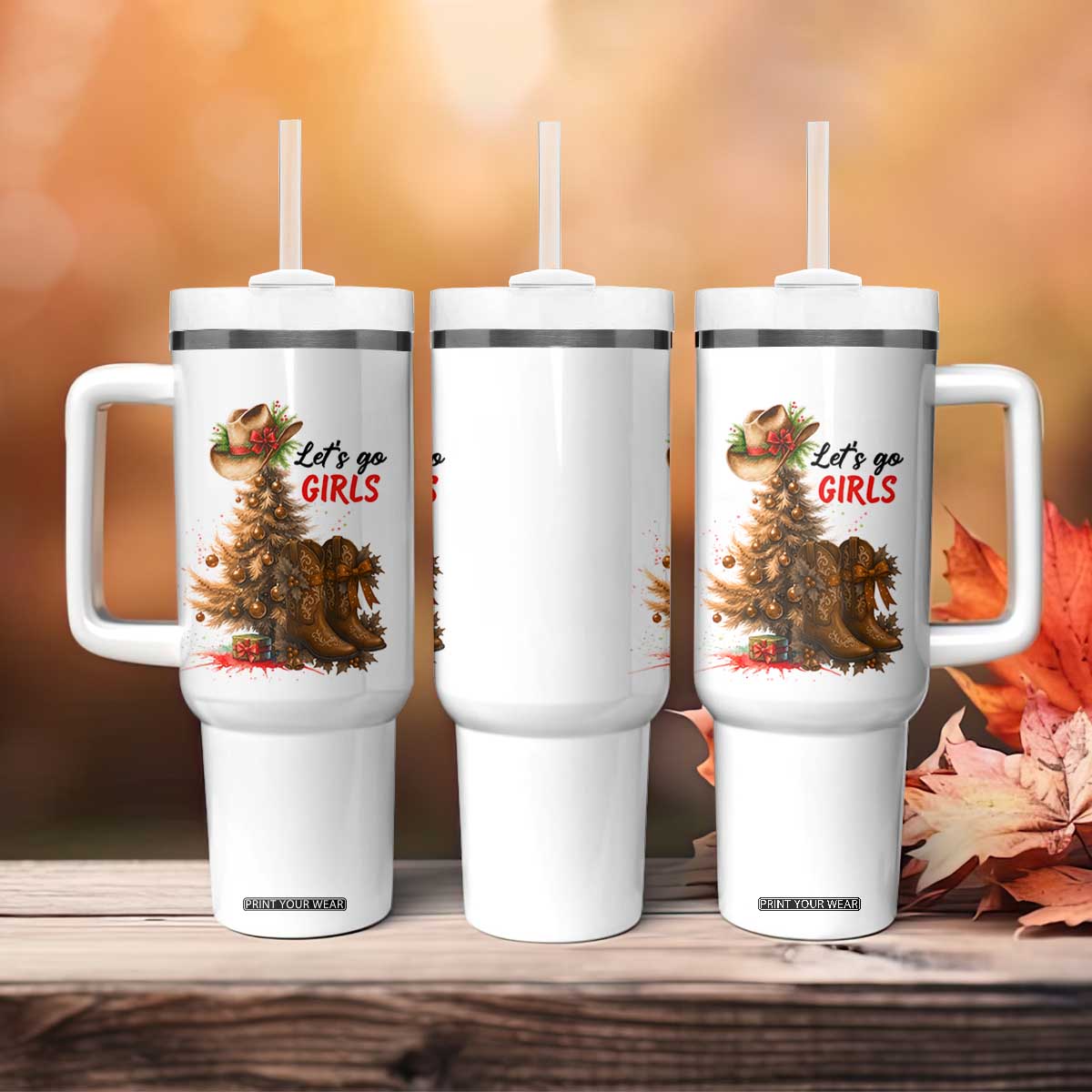 Christmas Cowgirl Boots Tumbler With Handle Western Cowboy Hat Howdy - Print Your Wear